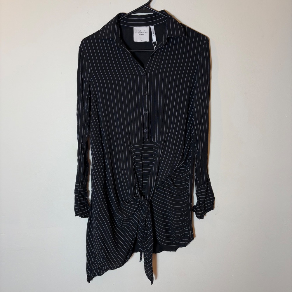 L'Academie Black Striped Button Down Tie Front‎ Shirt Dress XS NWOT